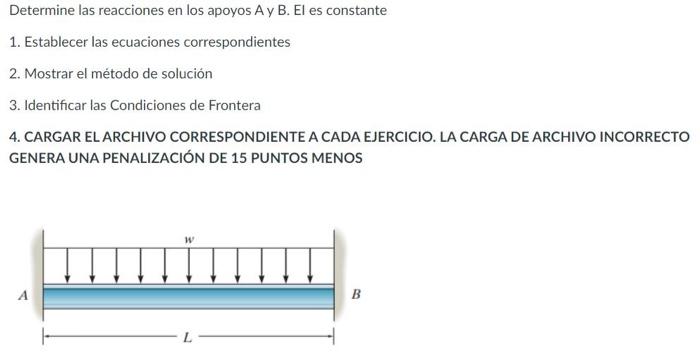 Determine las reacciones en los apoyos A y B. El es constante 1. Establecer las ecuaciones correspondientes 2. Mostrar el mét