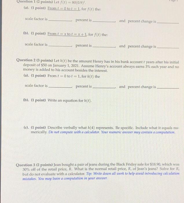 Solved Question 1 (2 points) Let f(t) = 80(0.9) (a). (1 | Chegg.com