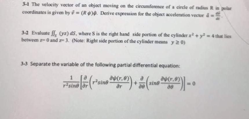 Solved 3-1 The velocity vector of an object moving on the | Chegg.com