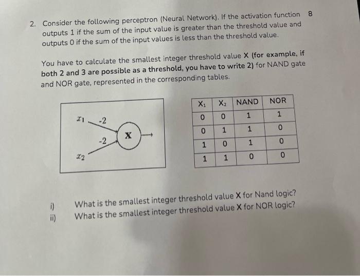 Solved 2. Consider The Following Perceptron (Neural | Chegg.com