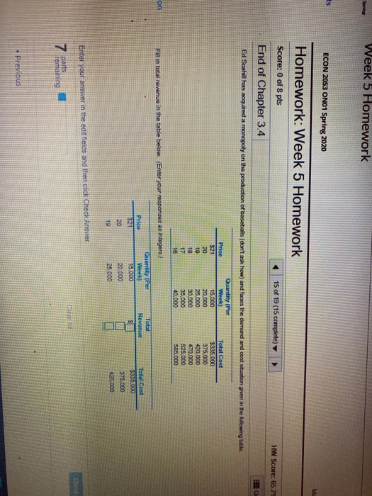 Solved Week 5 Homework ECON 2053 ON01 Spring 2020 Homework: | Chegg.com