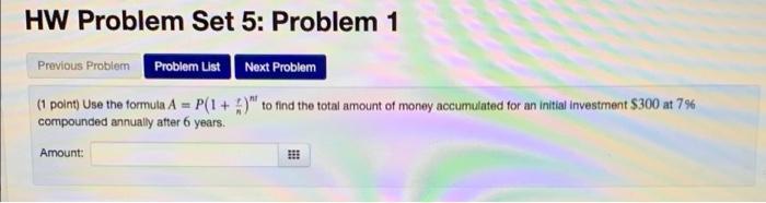 Solved HW Problem Set 5: Problem 1 Previous Problem Problem | Chegg.com