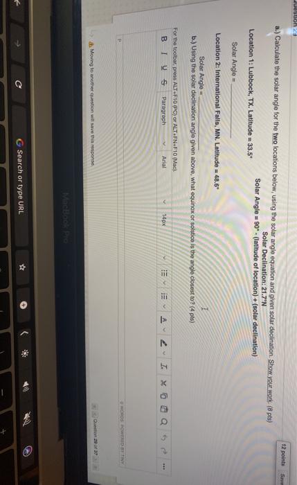 Solved on 24 12 points Save a.) Calculate the solar angle | Chegg.com