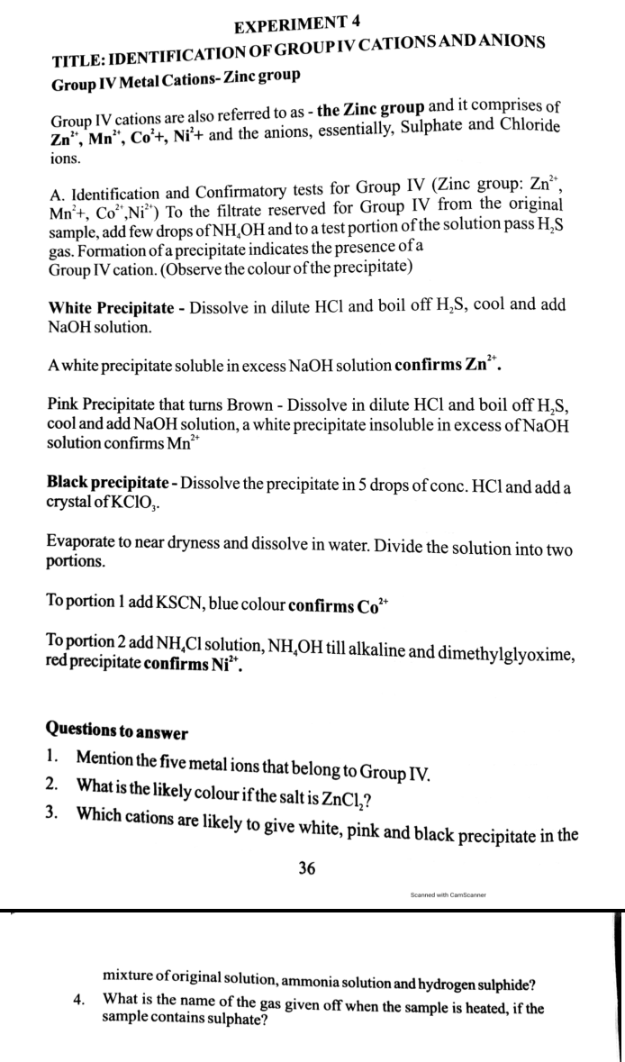 Solved EXPERIMENT 4 TITLE IDENTIFICATION OF GROUPIV CATIONS
