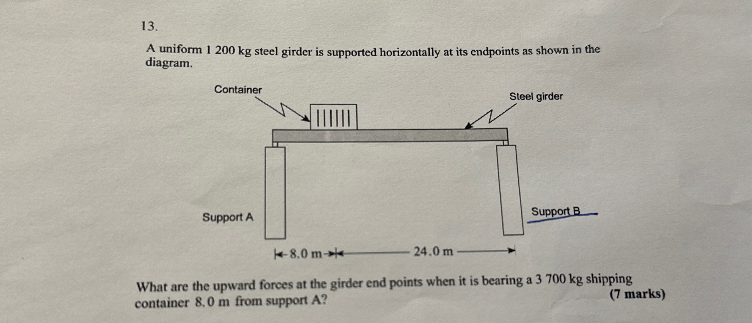 Solved A uniform 1200kg ﻿steel girder is supported | Chegg.com