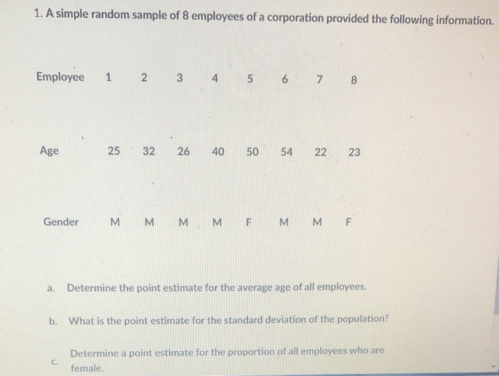 Solved 1. A Simple Random Sample Of 8 Employees Of A | Chegg.com