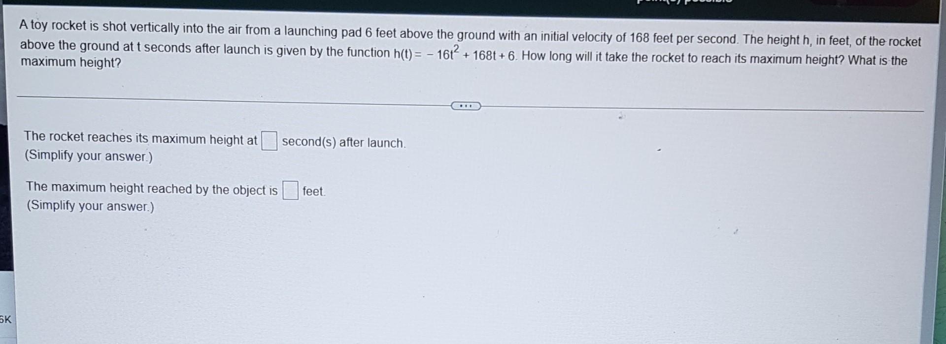 Solved A toy rocket is shot vertically into the air from a | Chegg.com