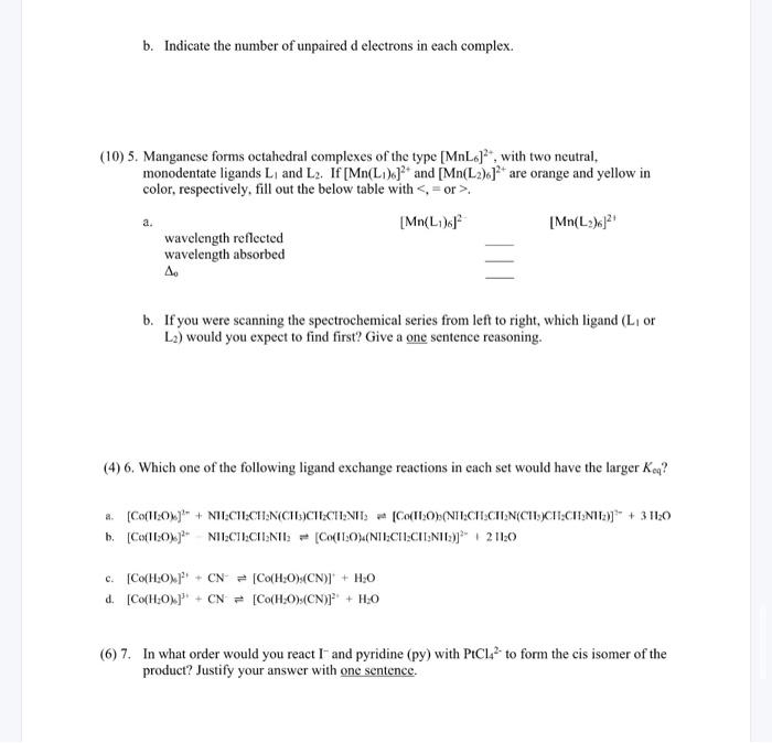 Solved b. Indicate the number of unpaired d electrons in | Chegg.com