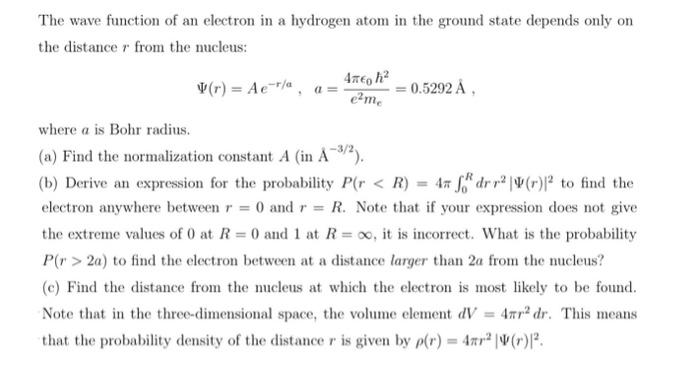 Solved The wave function of an electron in a hydrogen atom | Chegg.com
