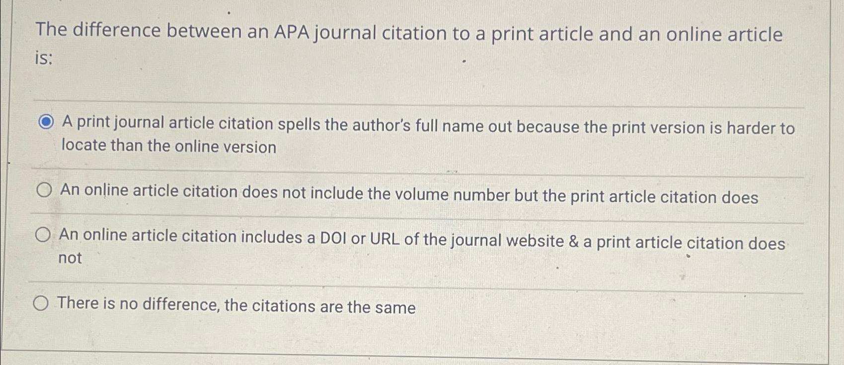 Solved The difference between an APA journal citation to a | Chegg.com