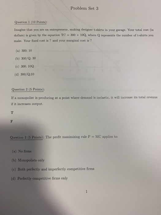 Solved Problem Set 3 Question 1 (10 Points): Imagine that | Chegg.com