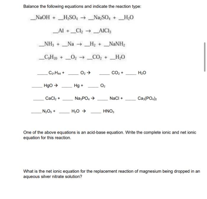 Solved Balance the following equations and indicate the | Chegg.com