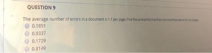 Solved QUESTION 9 The average number of errors in a document | Chegg.com