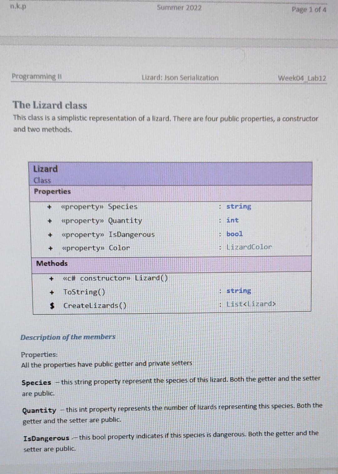 Solved n.k.p Summer 2022 Page 1 of 4 Programming II Lizard: | Chegg.com