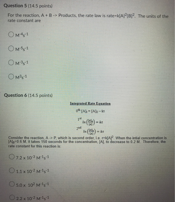 Question 5 14 5 Points For The Reaction A B Chegg Com