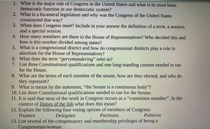 1. What is the major role of Congress in the United | Chegg.com