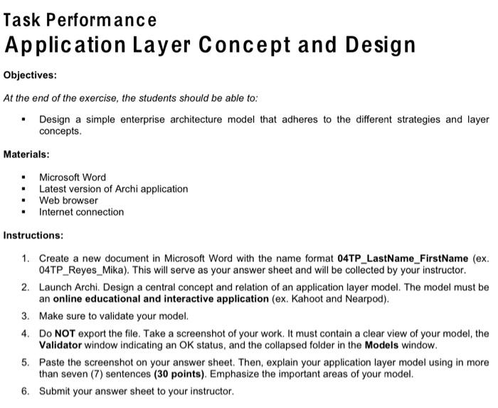 Solved Task Performance Application Layer Concept and Design | Chegg.com
