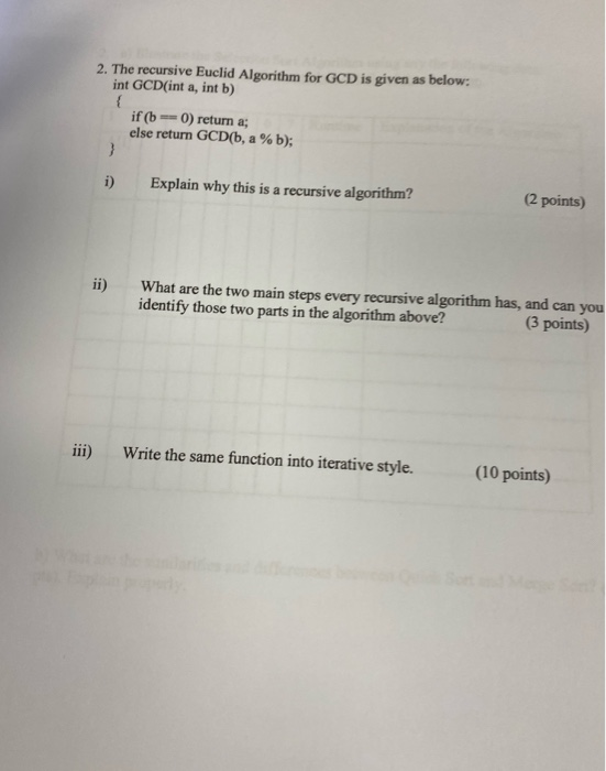 Solved 2. The recursive Euclid Algorithm for GCD is given as | Chegg.com