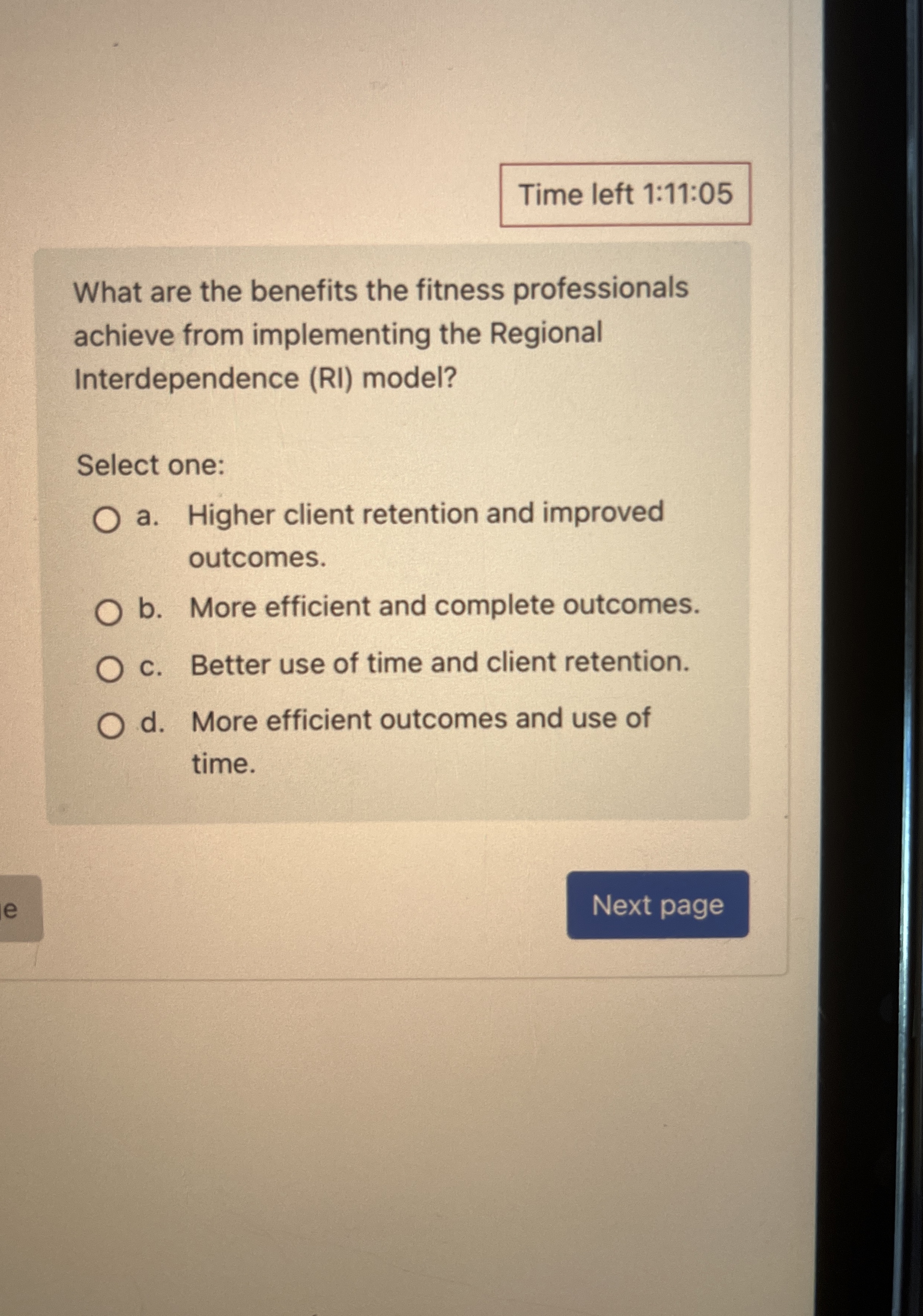 Solved Time left 1:11:05What are the benefits the fitness | Chegg.com