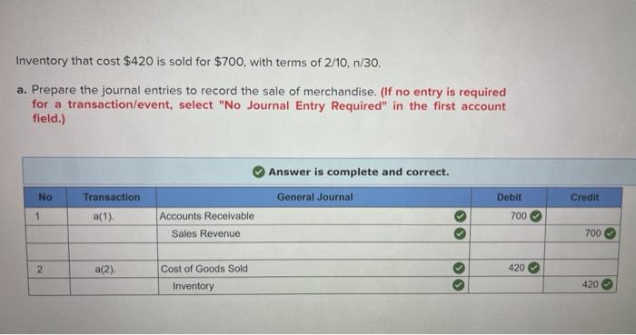 Solved Inventory that cost $420 is sold for $700, with terms 