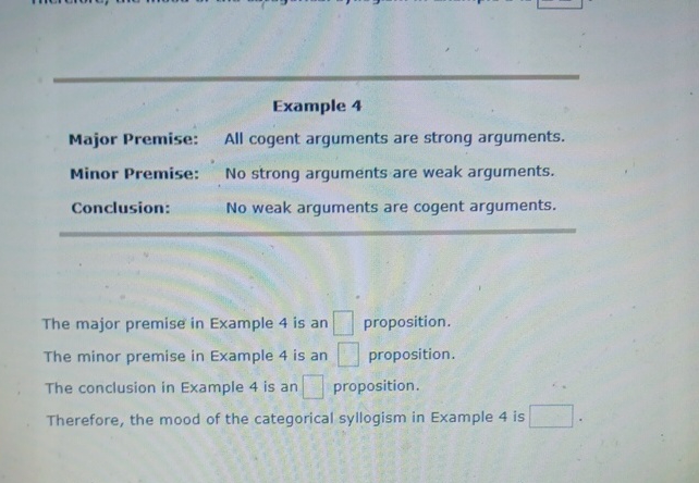 Solved Example 4Major Premise: All cogent arguments are | Chegg.com