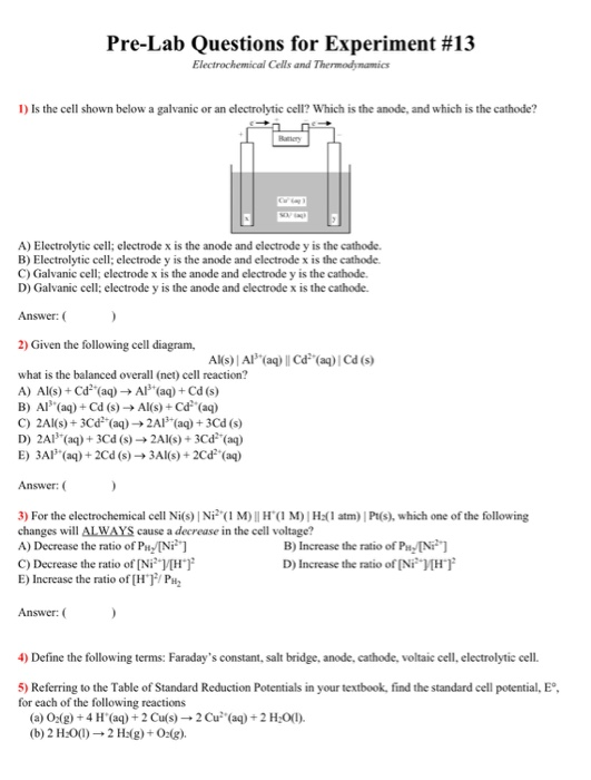 Solved Pre-Lab Questions For Experiment #13 Electrochemical | Chegg.com