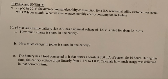 Solved POWER and ENERGY 9. (2 pts) In 2016, the average | Chegg.com