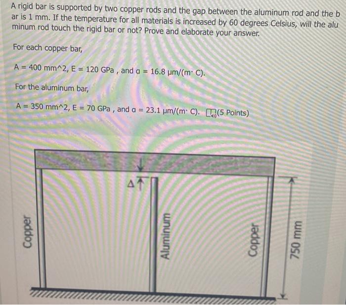 Solved A rigid bar is supported by two copper rods and the | Chegg.com