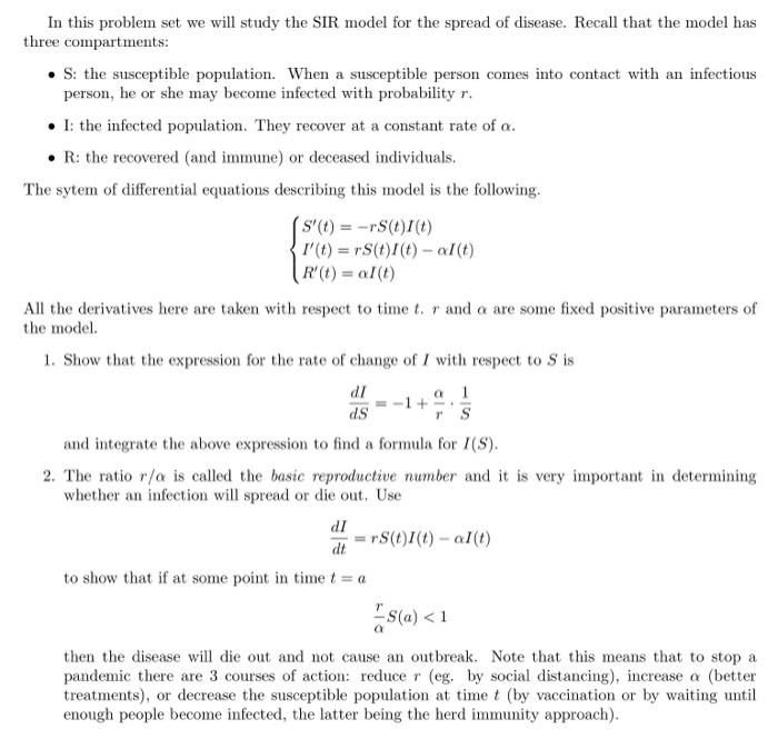 Solved In this problem set we will study the SIR model for | Chegg.com