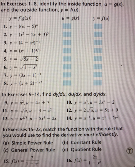 Solved In Exercises 1-8, identify the inside function, u = | Chegg.com