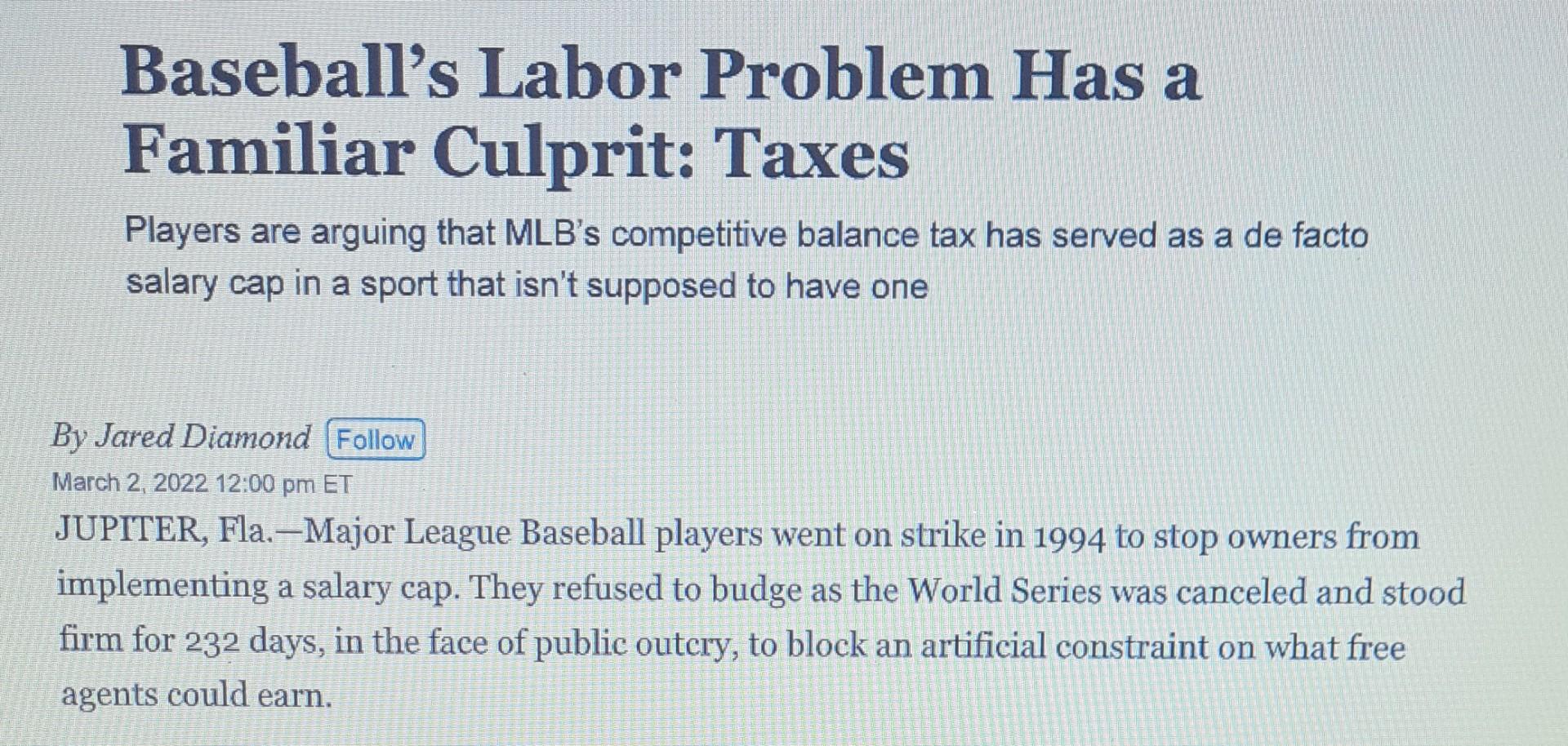 Baseball's Labor Problem Has a Familiar Culprit: Taxes - WSJ