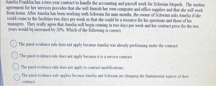 Solved Amelia Franklin has a two-year contract to handle the | Chegg.com