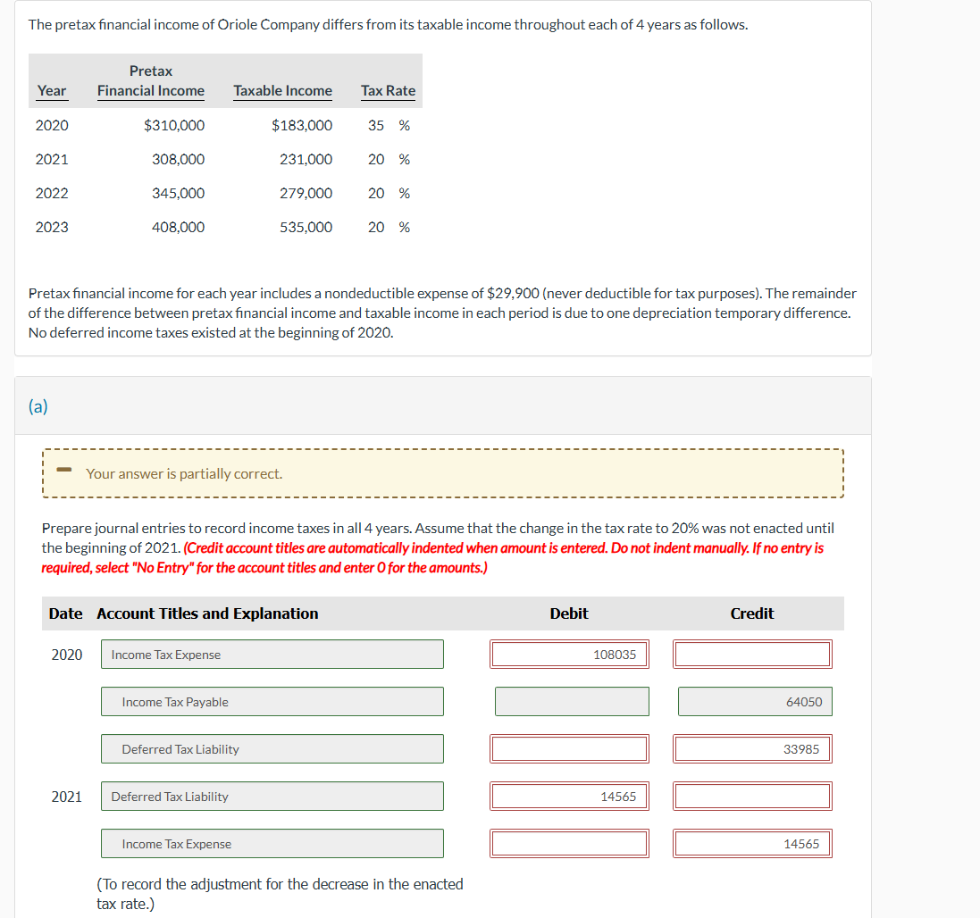 Solved The Pretax Financial Income Of Oriole Company Differs Chegg Com