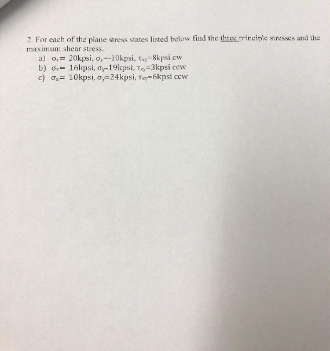 Solved 2 For Each Of The Plane Stress States Listed Below Chegg Solved 2 For Each Of The Plane Stress States Listed Below Chegg