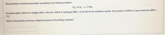 Solved The synthesis of ammonia proceeds according to the | Chegg.com