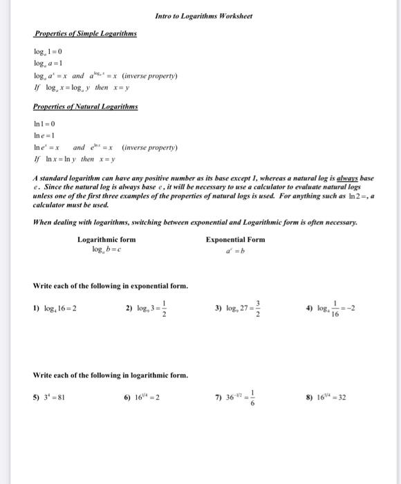 Solved Intro to Logarithms Worksheet Properties of Simple | Chegg.com