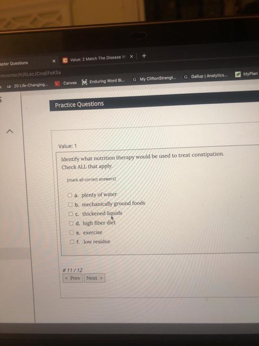 Value: 2 Match The Disease X apter Questions recenter/t/5LezCqFoKSa G My Clifton Strengt. G Gallup | Analytics. MyPlan Canvas