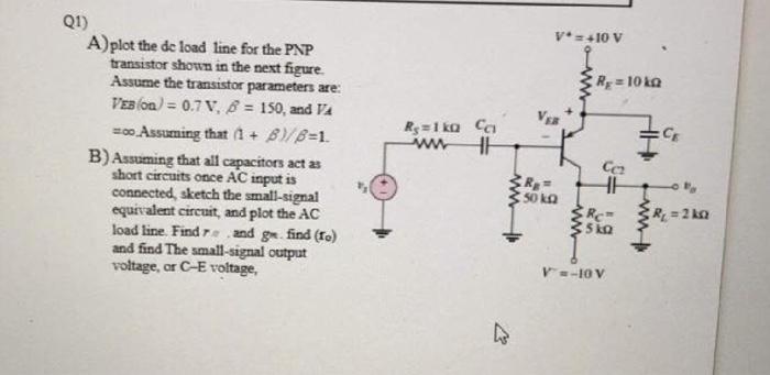 A) plot the de load line for the PNP transistor shown in the next figure. Assume the transistor parameters are: \( V E B(0 \m