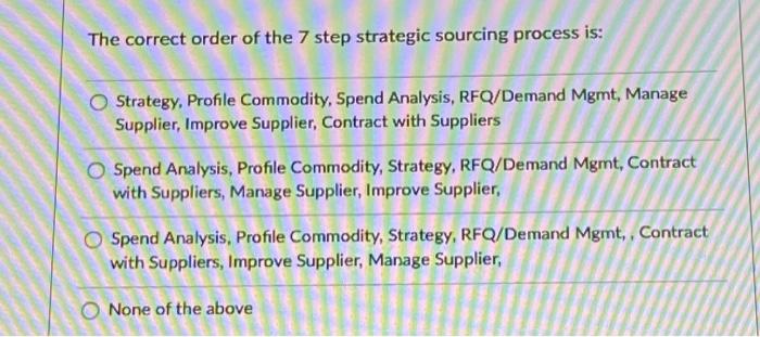 The correct order of the 7 step strategic sourcing process is:
Strategy, Profile Commodity, Spend Analysis, RFQ/Demand Mgmt, 