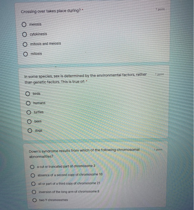 Solved Crossing over takes place during? O meiosis O | Chegg.com