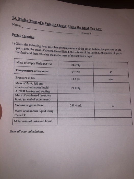 Solved 19. Molar Mass of a Volatile Liquid Using the Ideal