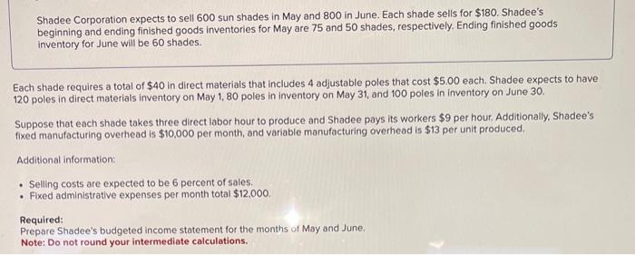 Shadee Corporation expects to sell 600 sun shades in May and 800 in June. Each shade sells for \( \$ 180 \). Shadees beginni