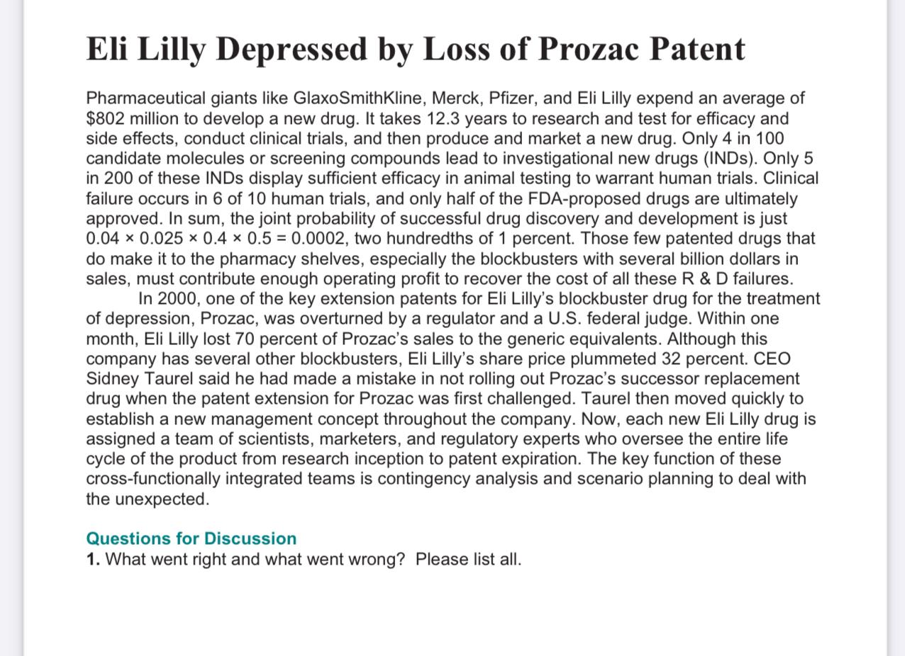 Solved Eli Lilly Depressed By Loss Of Prozac | Chegg.com