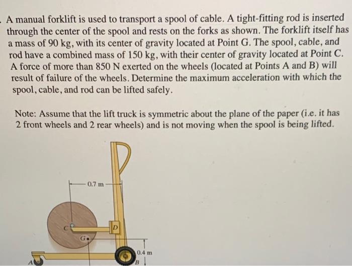 Solved A manual forklift is used to transport a spool of | Chegg.com