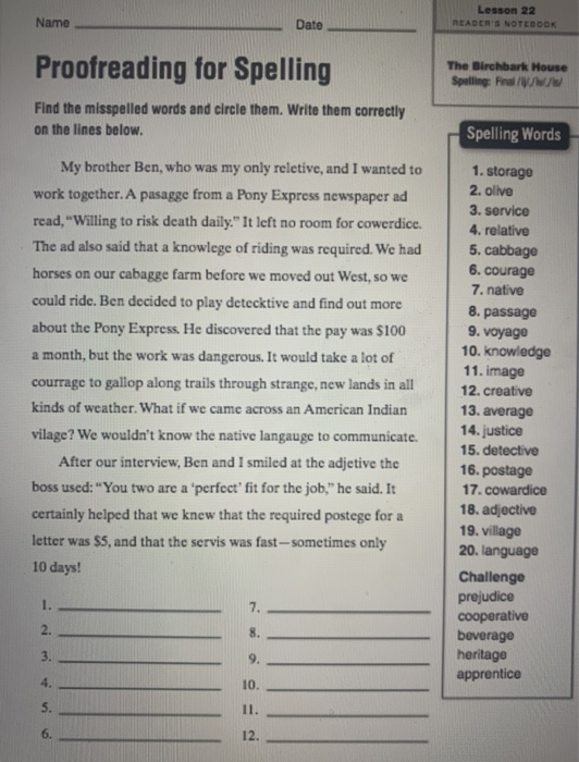 Solved Name Lesson 22 READER'S NOTEBOOK Date Proofreading