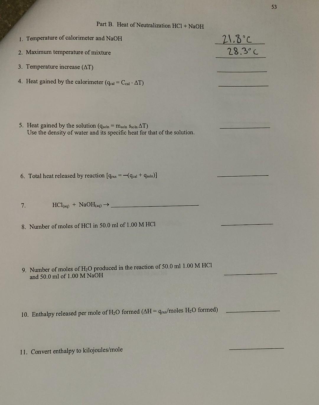 Solved 52 DATA SHEET: HEAT OF NEUTRALIZATION Part A. Heat | Chegg.com