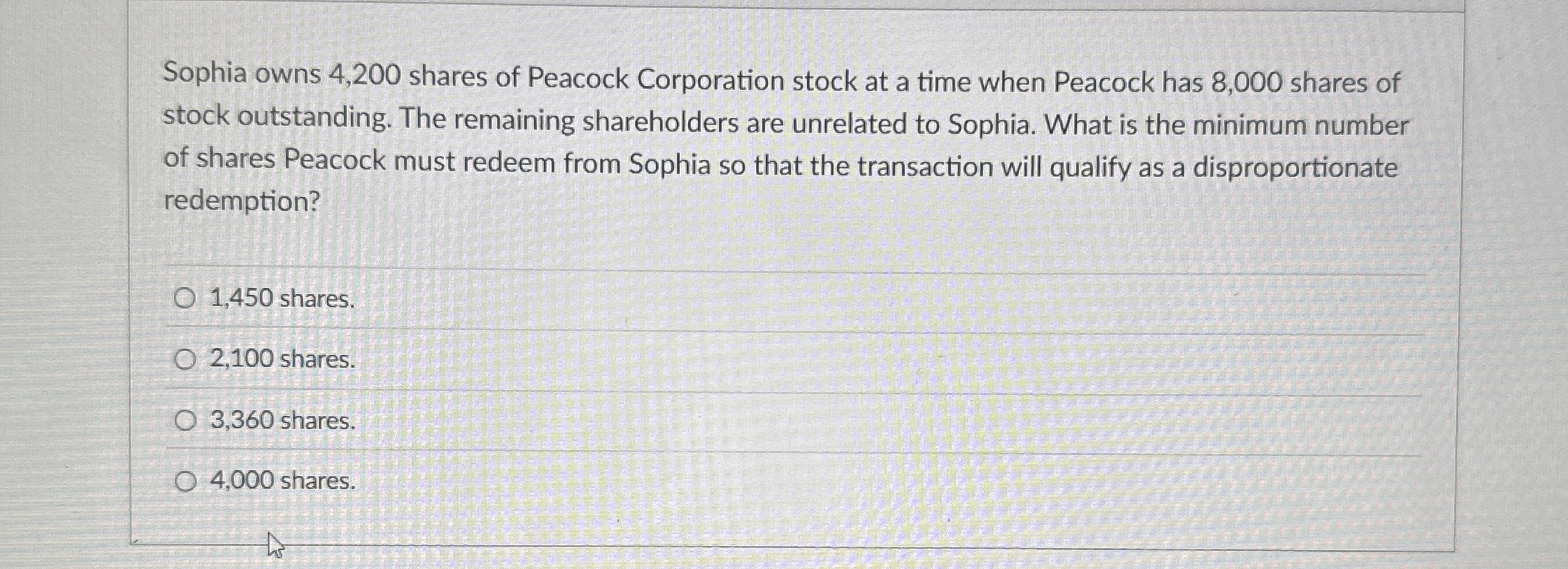 Solved Sophia owns 4,200 ﻿shares of Peacock Corporation