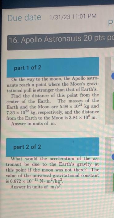 Solved 16. Apollo Astronauts 20 pts pe part 1 of 2 On the | Chegg.com