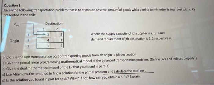 Solved Question 1 Given the following transportation problem | Chegg.com
