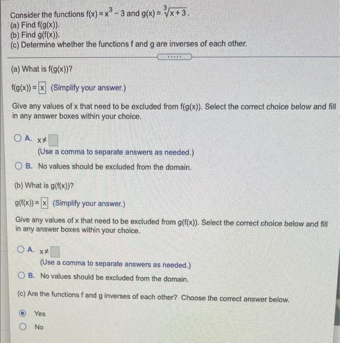 Solved Consider the functions f(x) = x - 3 and g(x) = Vx+3. | Chegg.com
